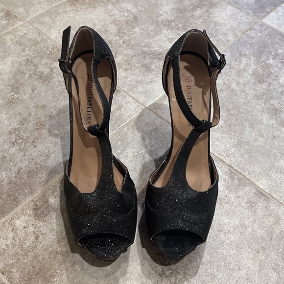 JustFab platform T strap open toe heels black sparkle size 8.5 - Picture 4 of 12
